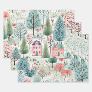 Hübsch Pink Blue Green Village Trees Geschenkpapier Set
