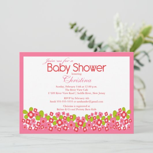 Hübsch Pink Blume Girl Baby Dusche Einladung (Stehend Vorderseite)