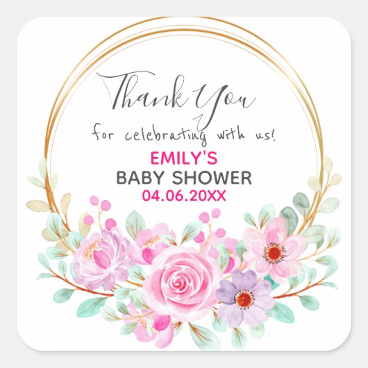 Hübsch Pink Blumenstrauß Dankeschön Kinderdusche Quadratischer Aufkleber (Vorderseite)