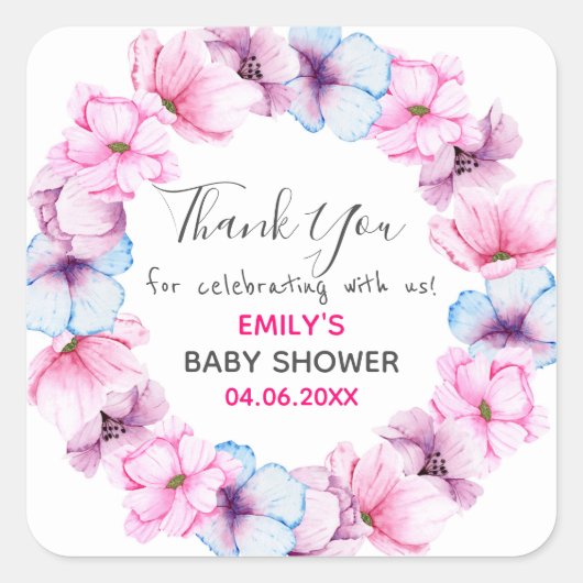 Hübsch Pink Blumenstrauß Dankeschön Kinderdusche Quadratischer Aufkleber (Vorderseite)