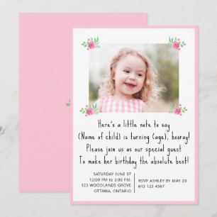Hübsch Pink Blütenmädchen Geburtstagsjung Foto Einladung