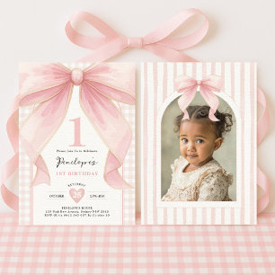 Hübsch Pink Bow Coquette Ribbon Girl 1. Geburtstag Einladung