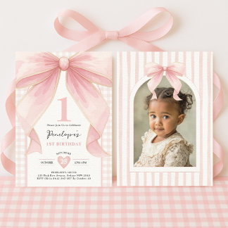 Hübsch Pink Bow Coquette Ribbon Girl 1. Geburtstag Einladung