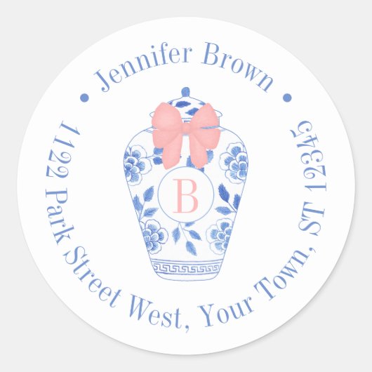 Hübsch Pink Bow Ginger Jar Monogram Rücksendeadres Runder Aufkleber (Vorderseite)