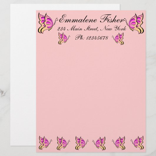 Hübsch Pink Butterfly Lethead Briefbogen (Vorne/Hinten)