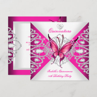 Hübsch Pink Butterfly Tiara Quinceanera 15. Party Einladung