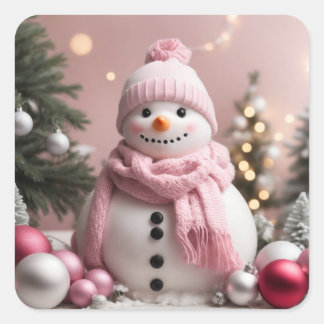 Hübsch Pink Christmas Snowman Quadratischer Aufkleber