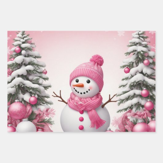 Hübsch Pink Christmas Snowman & Trees Geschenkpapier Set (Vorderseite 3)