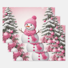 Hübsch Pink Christmas Snowman & Trees Geschenkpapier Set
