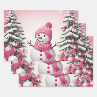 Hübsch Pink Christmas Snowman & Trees Geschenkpapier Set