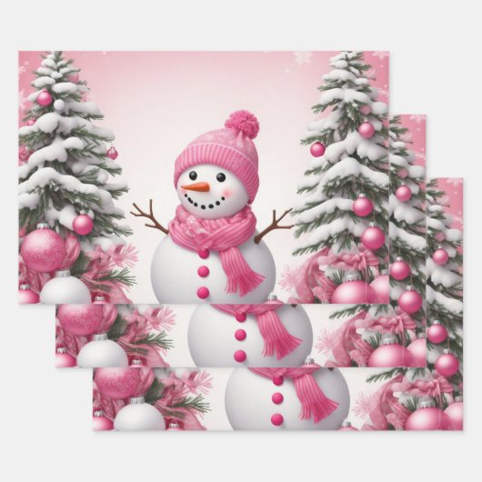 Hübsch Pink Christmas Snowman & Trees Geschenkpapier Set (Set)