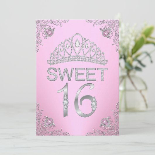 Hübsch Pink Diamond Tiara Sweet 16 Einladung (Stehend Vorderseite)