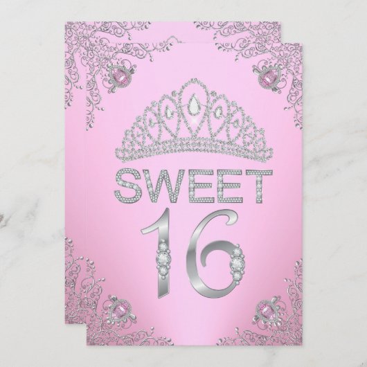 Hübsch Pink Diamond Tiara Sweet 16 Einladung (Vorne/Hinten)