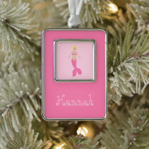 Hübsch Pink Fantasy Mermaid Individuelle Name Rahmen-Ornament Silber