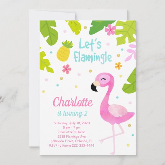 Hübsch Pink Flamingo Birthday Einladung (Vorderseite)