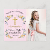 Hübsch Pink Floral 1. Heilige Kommune Danke Po Postkarte (Vorderseite)