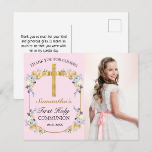Hübsch Pink Floral 1. Heilige Kommune Vielen Dank Postkarte