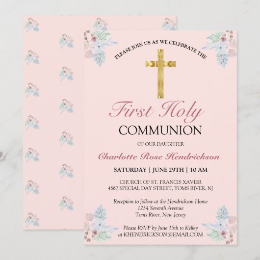 Hübsch Pink Floral Erste Heilige Kommune Einladung (Vorne/Hinten)