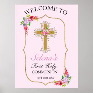 Hübsch Pink Floral Girls 1. Heilige Kommune Poster