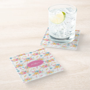 Hübsch Pink Floral Muster Mit Monogramm KItchen Glasuntersetzer