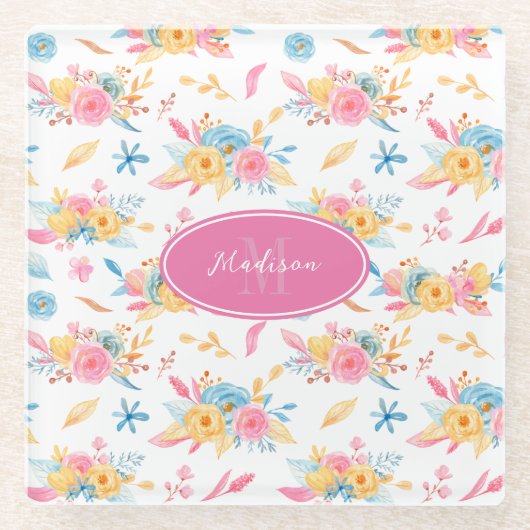 Hübsch Pink Floral Muster Mit Monogramm KItchen Glasuntersetzer (Vorderseite)