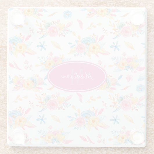 Hübsch Pink Floral Muster Mit Monogramm KItchen Glasuntersetzer (Rückseite)