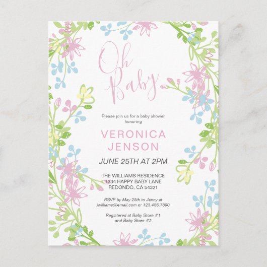 Hübsch Pink Floral Oh Baby Girl Babydusche Einladungspostkarte (Vorderseite)