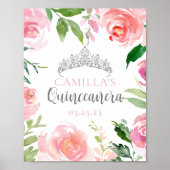 Hübsch Pink Floral Quinceañera Silver Tiara Party Poster (Vorne)