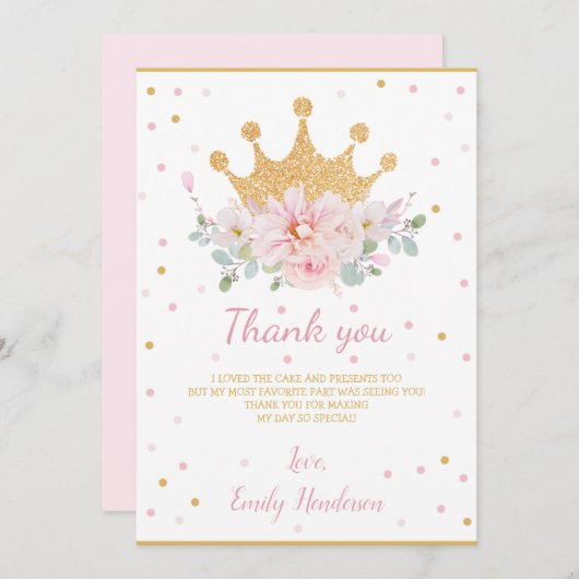 Hübsch Pink Floral Royal Crocess Princess Birthday Dankeskarte (Vorne/Hinten)