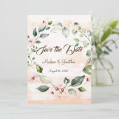 Hübsch Pink Floral Script Wreath Save The Date (Stehend Vorderseite)