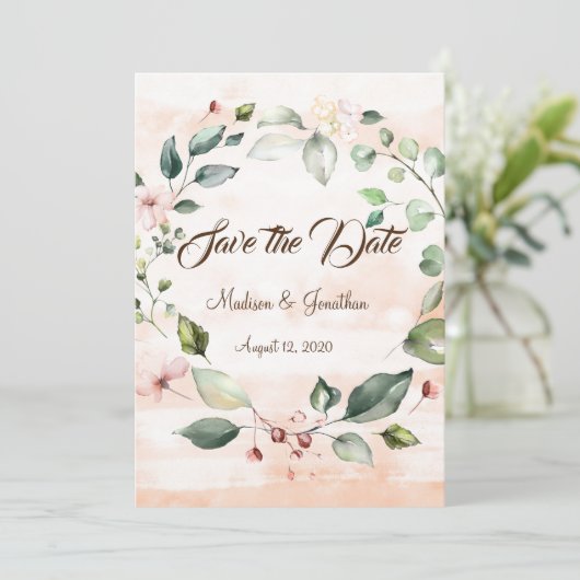 Hübsch Pink Floral Script Wreath Save The Date (Stehend Vorderseite)