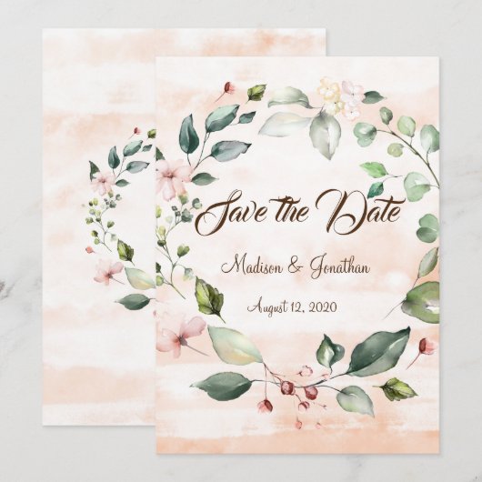 Hübsch Pink Floral Script Wreath Save The Date (Vorne/Hinten)