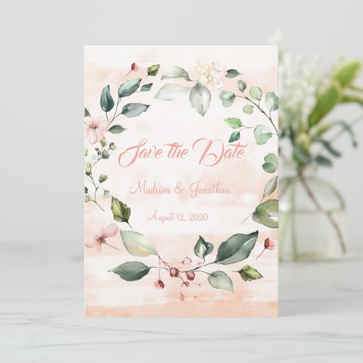 Hübsch Pink Floral Script Wreath Save The Date (Stehend Vorderseite)
