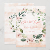 Hübsch Pink Floral Script Wreath Save The Date (Vorne/Hinten)