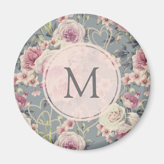 Hübsch Pink Floral und Pearls Girl Monogram Magnet (Vorne)