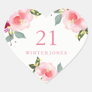 Hübsch Pink Floral Watercolor 21. Geburtstag Party Herz-Aufkleber