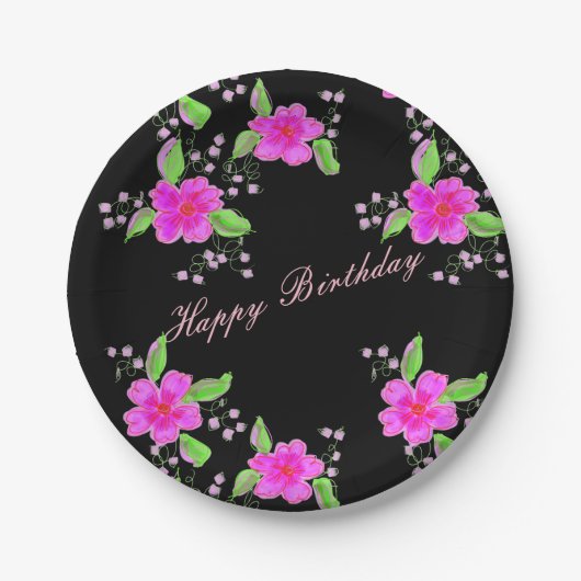 Hübsch Pink Flower Black Birthday Teller (Vorderseite)