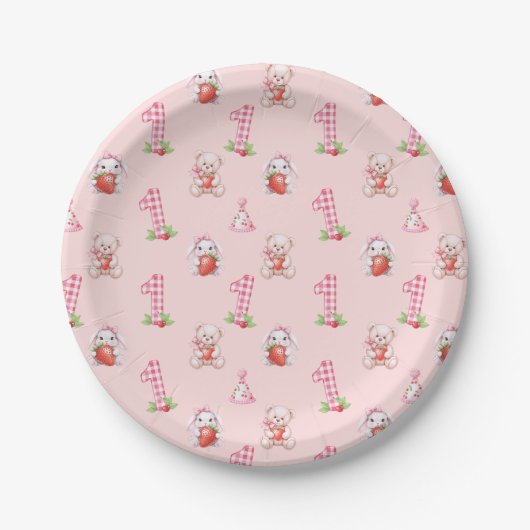 Hübsch Pink Gingham, Bunnies und Bären! Pappteller (Vorderseite)