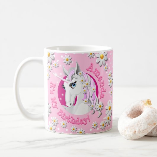 Hübsch Pink Girls Personalisiert Unicorn Party Kaffeetasse (Mit Donut)