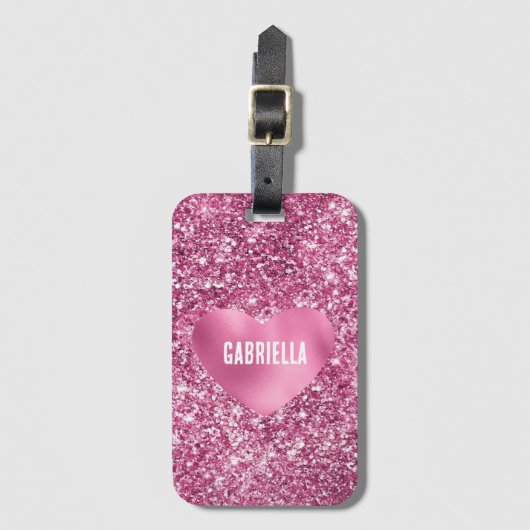 Hübsch Pink Glitzer Glam Herz Gepäckanhänger (Vorderseite Vertikal)