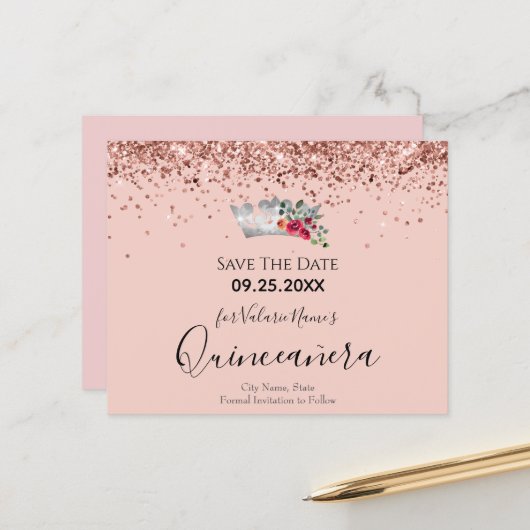 Hübsch Pink Glitzern Quinceanera Save the Date (Vorderseite/Rückseite Beispiel)