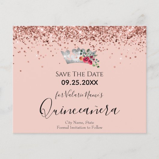 Hübsch Pink Glitzern Quinceanera Save the Date (Vorderseite)
