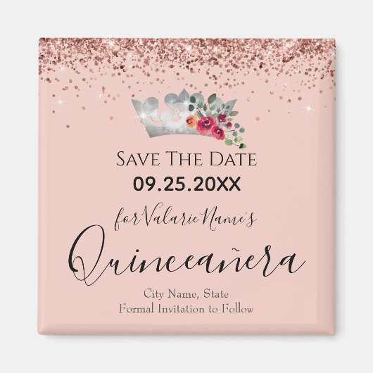 Hübsch Pink Glitzern Quinceanera Save the Date Magnet (Vorne)
