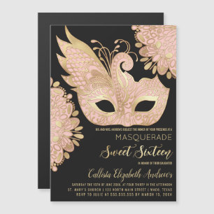 Hübsch Pink Gold Masquerade Maske Sweet 16 Magneteinladung