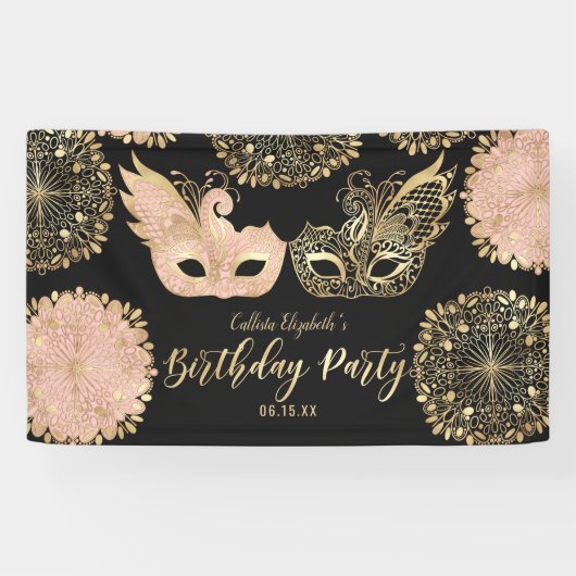 Hübsch Pink Gold Schwarze Masquerge Maske Geburtst Banner (Horizontal)