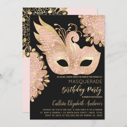 Hübsch Pink Gold Schwarze Masquerge Maske Geburtst Einladung (Vorne/Hinten)