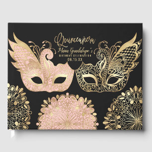 Hübsch Pink Gold Schwarze Masquerge Maske Quinceañ Gästebuch