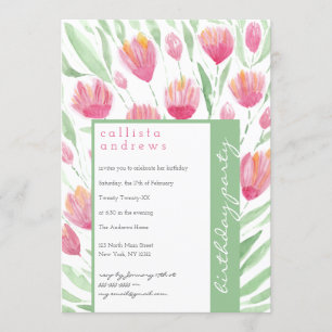 Hübsch Pink Green Tulip Floral Wasserfarbe Geburts Einladung