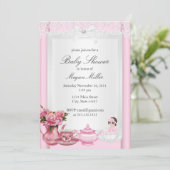 Hübsch Pink High Tea Girl Babydusche Einladung (Stehend Vorderseite)