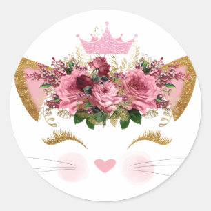 Hübsch Pink Kitty Floral Pink Crown Runder Aufkleber